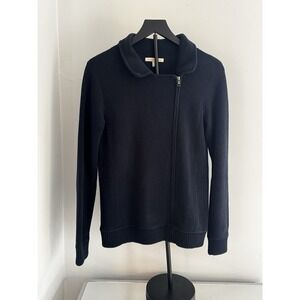 41 Hawthorn L Asymmetrical Zip Sweater Jacket Navy Cotton Blend Minimalist Chic